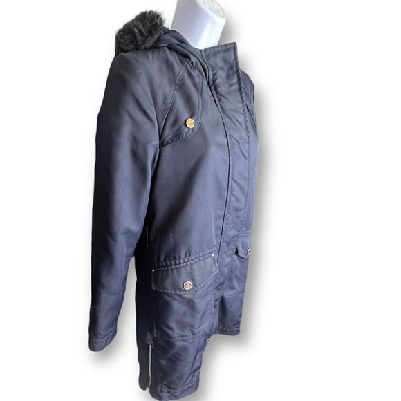 Massimo Dutti Navy Winter Coat Women Sz xSmall Faux Fur Trim Hoodie - Picture 1 of 12